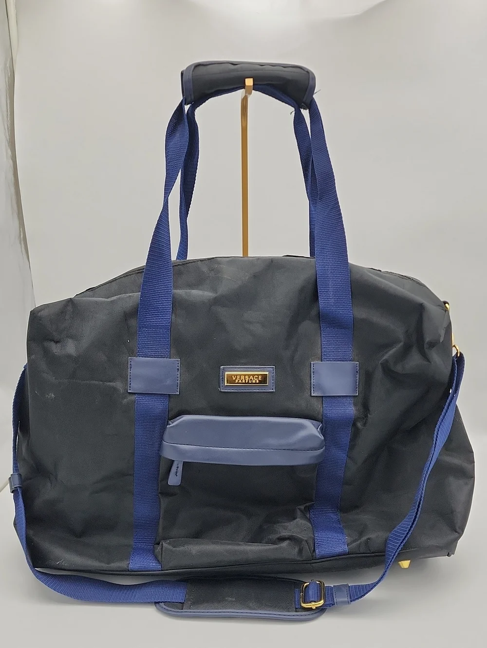 Versace Black and Blue Duffel Bag with Gold Logo Plate
